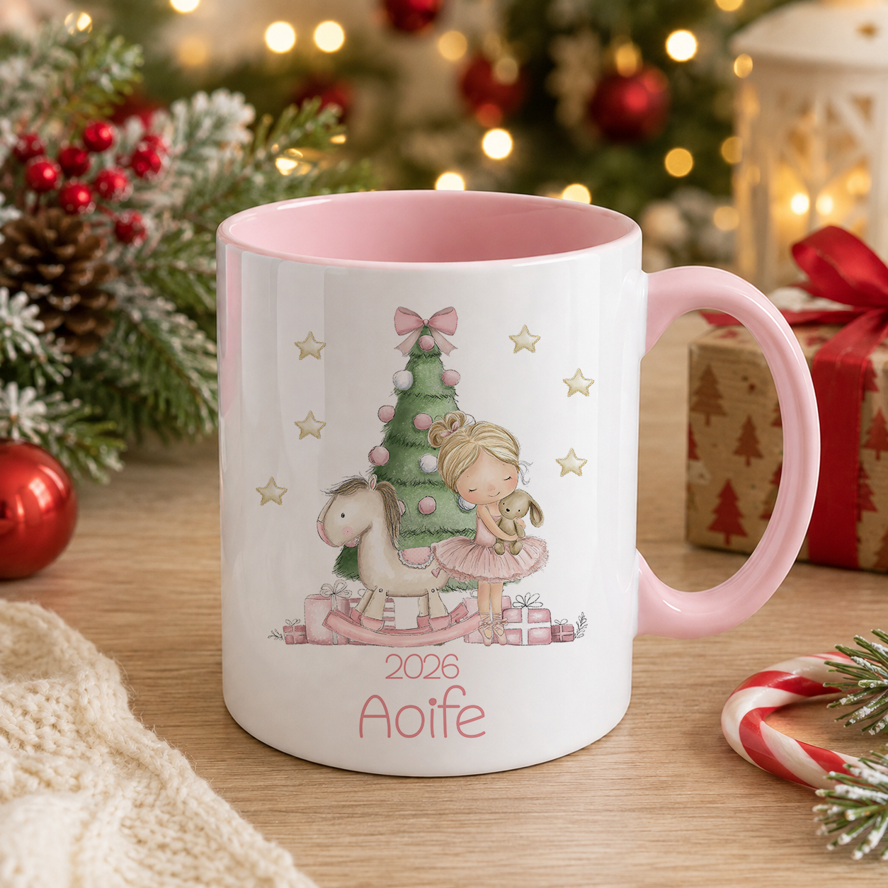 Personalised Christmas mug with a ballerina, rocking horse and Christmas tree design and custom name