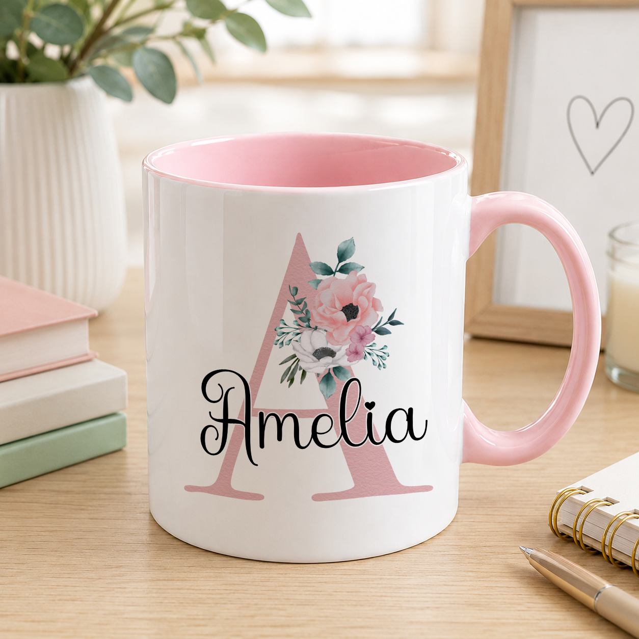 Personalised name mug with a pink floral initial monogram design