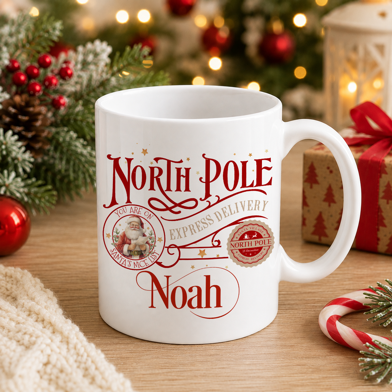 Personalised Christmas mug with a North Pole Express Delivery Santa design and custom name