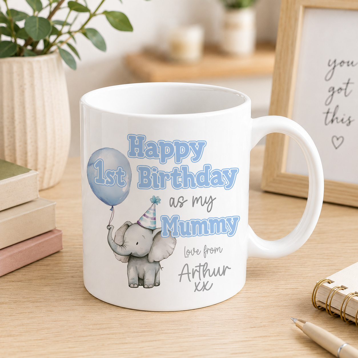Blue personalised 1st Birthday as Mummy mug with a baby elephant and balloon design and custom name