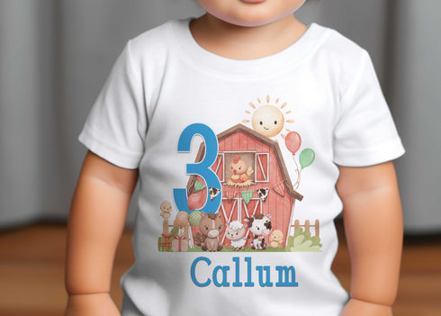 Personalised Farmyard Barn Birthday T-Shirt ANY AGE - Cotton White Top, any number any age, Fun farm animals with a blue theme