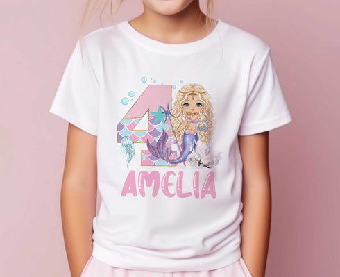Personalised Mermaid Birthday T-Shirt ANY AGE - Cotton White Top, any number any age, Blonde Hair mermaid