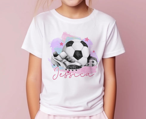 Children's White Cotton Personalised T-shirt - Football Fan Pink or Blue Boys or Girls