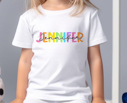 Children's White Cotton Personalised T-shirt - Colourful Rainbow Name