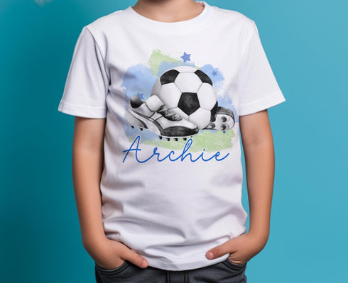 Children's White Cotton Personalised T-shirt - Football Fan Pink or Blue Boys or Girls