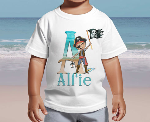 Children's White Cotton Personalised T-shirt - Pirate Boy Alphabet Letter and name