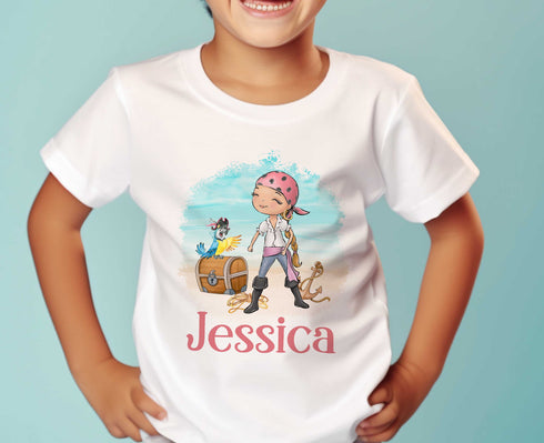 Children's White Cotton Personalised T-shirt - Pirate Girl and treasure chest