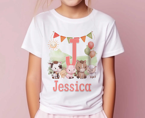 Personalised Girls Farmyard T-Shirt any Letter - Cotton White Top, Fun farm animals with a pink theme