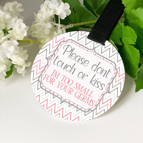 Pram tag car seat sign, Please do not touch baby handle hanging sign germ protection, premature newborn. Pastel Zig Zag