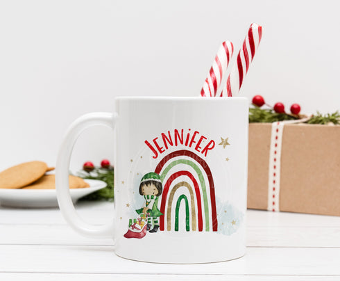Girl Elf Rainbow personalised White mug boys Christmas stocking filler gift