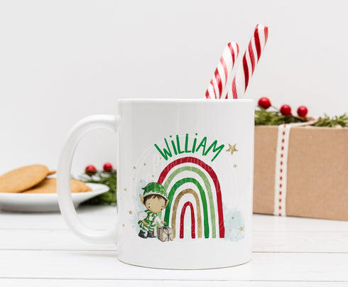 Boy Elf Rainbow personalised White mug boys Christmas stocking filler gift