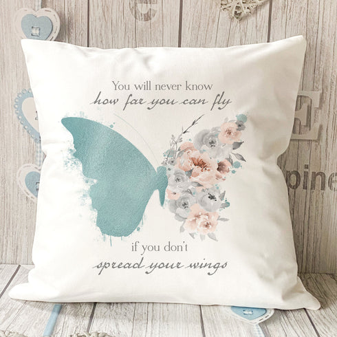Just when the Caterpillar thought life was over, Beautiful teal Butterfly Personalised Gift Cushion