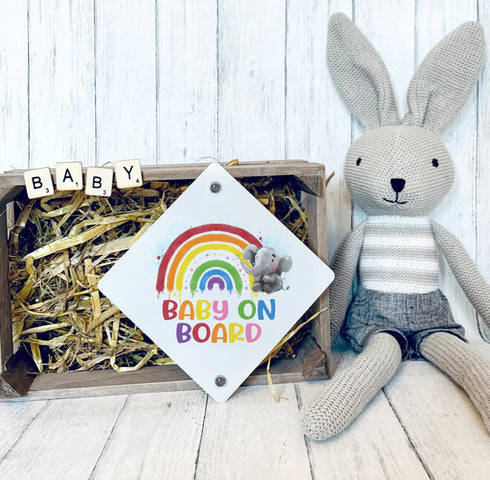 Baby on Board Aluminium Car Window Safety Sign | Polite Driver Notice | Kids Car Accessories | Rainbow and Elephant Design