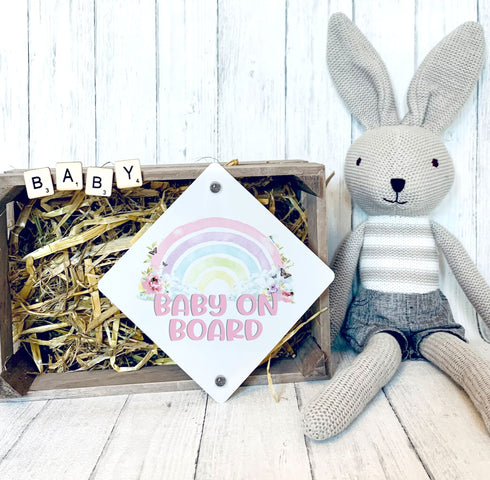 Baby on Board Aluminium Car Window Safety Sign | Polite Driver Notice | Kids Car Accessories | Pink Pastel Rainbow and Butterflies