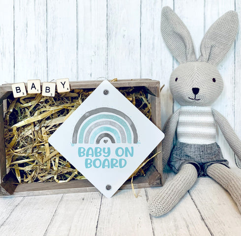 Baby on Board Aluminium Car Window Safety Sign | Polite Driver Notice | Kids Car Accessories | Green Aqua Grey Rainbow Design