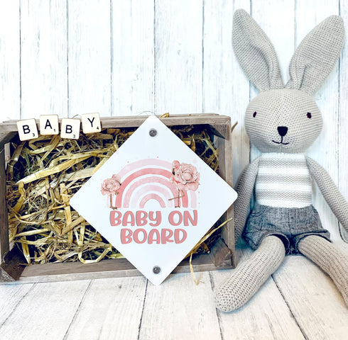 Baby on Board Aluminium Car Window Safety Sign | Polite Driver Notice | Kids Car Accessories | Pink Flamingo Rainbow