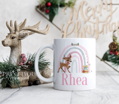 Baby Deer Reindeer with Pink Rainbow personalised White mug Christmas stocking filler gift