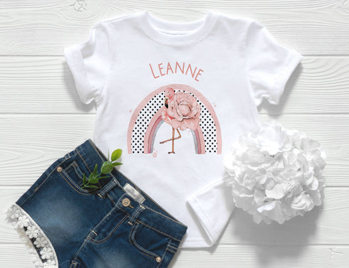 Children's White Cotton Personalised T-shirt - Girls Flamingo Rainbow