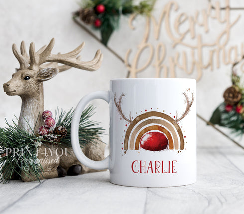 Brown Rainbow with antlers Red Nose Reindeer Initial and Nose personalised White mug Christmas stocking filler gift