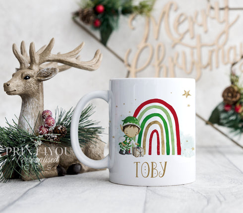 Boy Elf Rainbow personalised White mug boys Christmas stocking filler gift