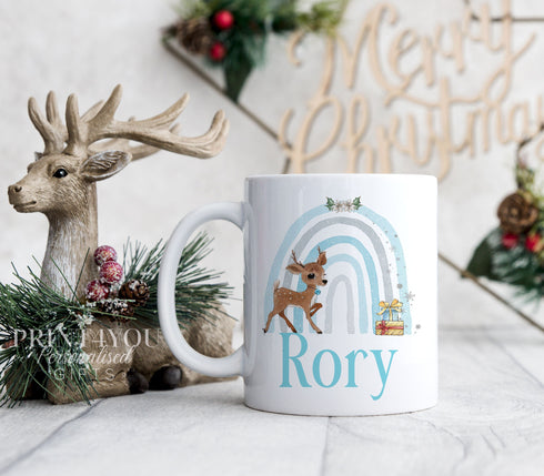 Baby Deer Reindeer with Blue Rainbow personalised White mug Christmas stocking filler gift