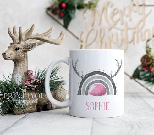 Blush Reinbow Reindeer Rainbow Initial and Nose personalised White mug boys Christmas stocking filler gift silver and pink theme
