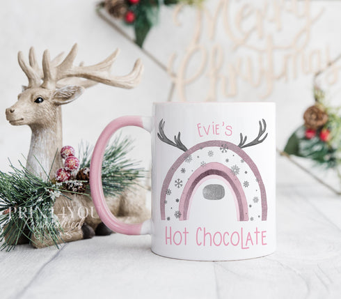 Pink Rainbow with antlers snowflakes and Nose Reindeer Initial personalised White mug Christmas stocking filler gift pink handle