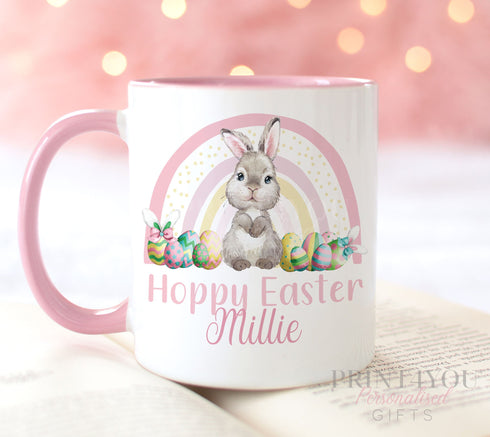 Pink trim personalised Easter Gift Mug (full size), Easter Bunny Rabbit with Rainbow and eggs