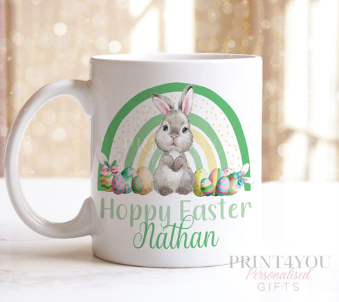 Easter Bunny Rainbow Gift Mug | Bunny Rabbit with Green Rainbow and Easter Eggs| Personalised Present