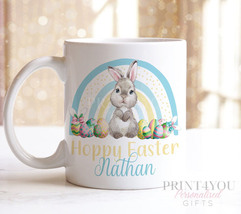 Easter Bunny Rainbow Gift Mug | Bunny Rabbit with Light Blue Rainbow and Easter Eggs| Personalised Present