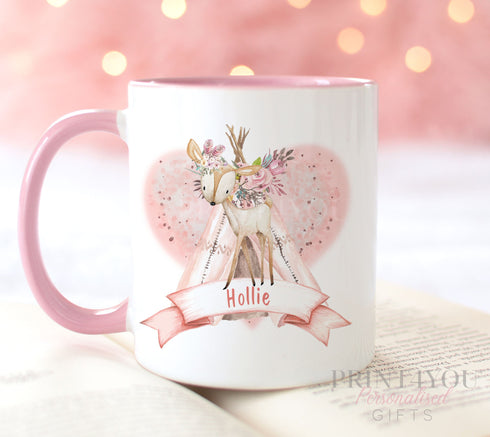 Pink trim mug Boho Tribal Deer name personalised Christmas stocking filler gift silver and pink theme
