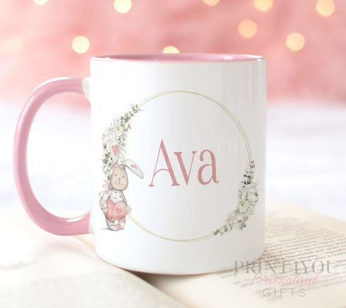 Personalised gift mug, Pink Handle Mug, Rustic Rabbit, Perfect Easter Gift, Floral Wreath