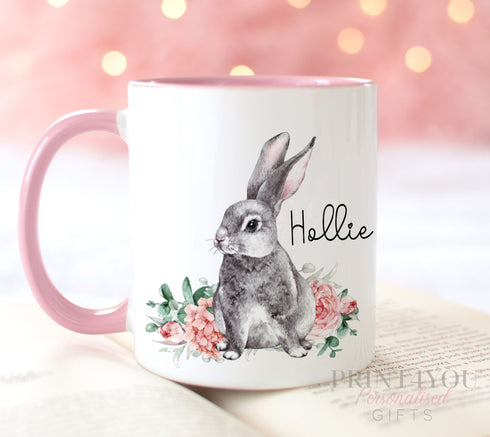 Personalised gift mug, Pink Handle Mug, Gorgeous Bunny Rabbit and Flowers, Easter Gift Ideas