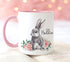 Personalised gift mug, Pink Handle Mug, Gorgeous Bunny Rabbit and Flowers, Easter Gift Ideas
