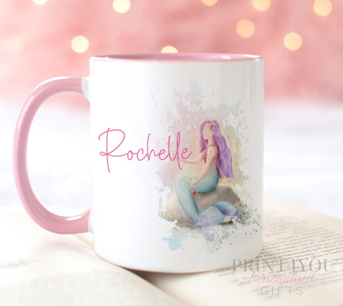 Personalised gift mug, Pink Handle Mug, Gorgeous Water Splash Mermaid on a Rock