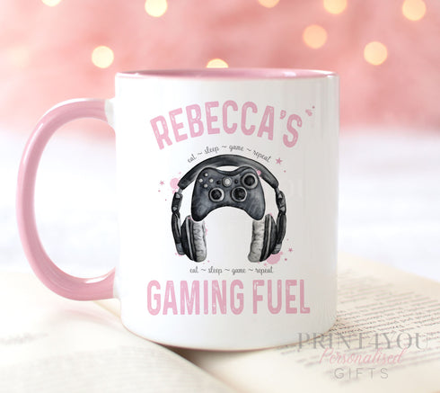 Personalised gift mug, Pink Handle Mug, Gamer gaming Girl Mug, Gaming Fuel, Gaming Headset Gift Mug