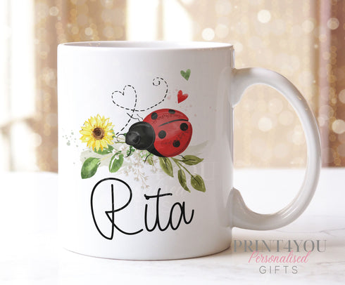 Ladybird on a leaf and Name, Gift for Her, Personalised Gift Mug