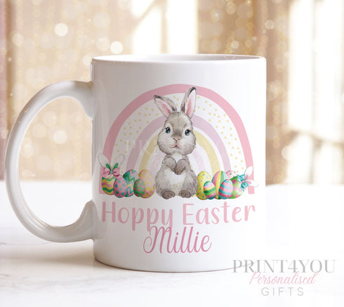 Easter Bunny Rainbow Gift Mug | Bunny Rabbit with Light Pink Rainbow and Easter Eggs| Personalised Present