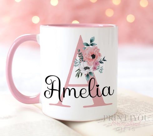 Personalised gift mug, Pink Handle Mug, Gorgeous Floral Pink letter and Name
