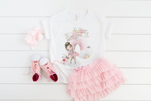 Children's White Cotton Personalised T-shirt Only - Pink Rainbow and Ballerina Dancer