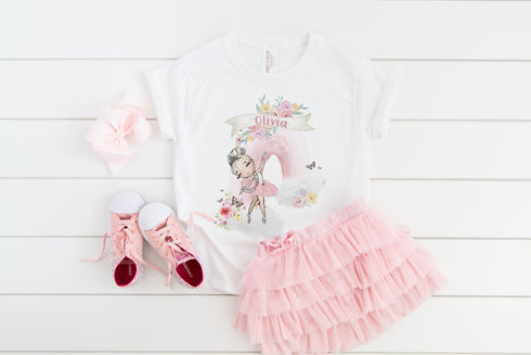 Children's White Cotton Personalised T-shirt Only - Pink Rainbow and Ballerina Dancer