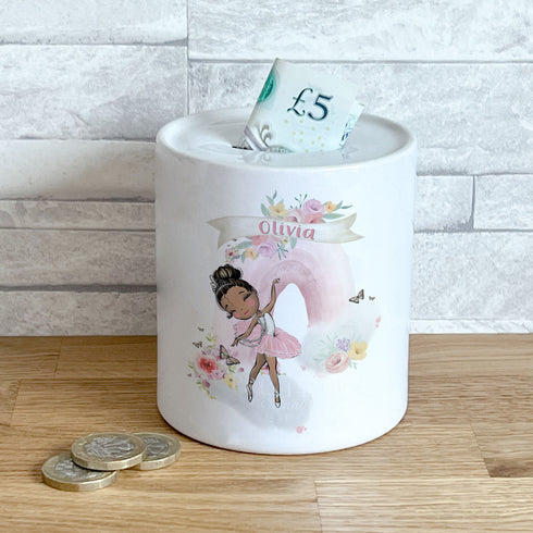Personalised Ceramic White Money Box Coin Bank - Gorgeous Pink Rainbow with a Ballerina dancer girl