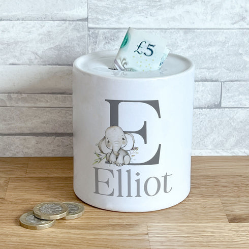 Personalised Ceramic White Money Box Coin Bank - Safari Elephant Jungle Animal and letter
