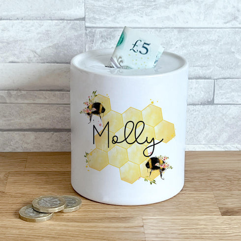 Personalised Ceramic White Money Box Coin Bank - Honeycomb Queen Bee