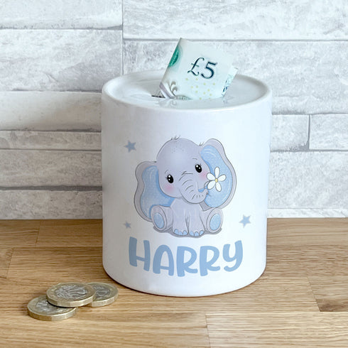 Personalised Ceramic White Money Box Coin Bank - Blue Elephant
