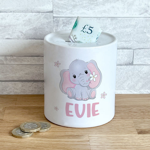Personalised Ceramic White Money Box Coin Bank - Pink Elephant