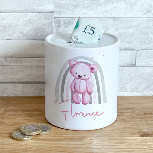 Personalised Ceramic White Money Box Coin Bank - Pink Teddy Bear Rainbow