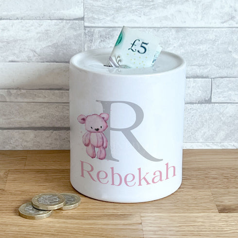 Personalised Ceramic White Money Box Coin Bank - Brown Teddy Bear Initial Letter