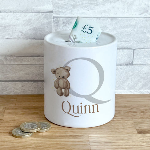 Personalised Ceramic White Money Box Coin Bank - Brown Teddy Bear Initial Letter