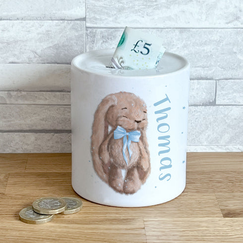 Personalised Ceramic White Money Box Coin Bank - Blue Bunny Rabbit Bear